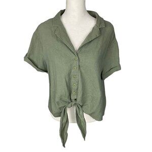 MODCLOTH Women Linen Blend Crop Tie Button Front Blouse Sz L Green Casual 8a-7